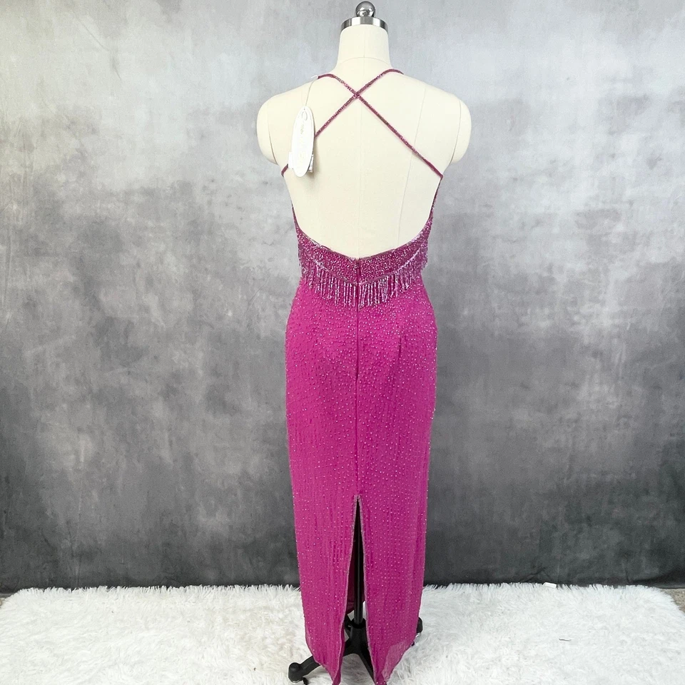 Cassandra Stone Silk Beaded Fringe Gown Size 12 Fuchsia Prom Evening HOCO FLAWED - Image 2 of 4