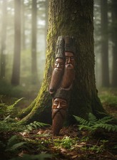 Handgeschnitzter Waldgeist 3 Gesichter Wood Spirit 43 cm Wandskulptur Holz TOP