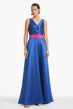 Sachin Babi Eclipse Blue Rae Mikado V-Neck Gown Size 12 895 Less Belt