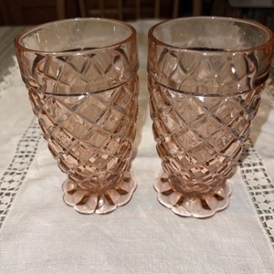 Vintage Pink Anchor Hocking Waterford Ruffled Footed Tumbler 5.25" Tall Set of 2