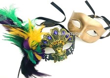 Masquerade Mask Pair Feather Mardi Gras Carnival Party Parade Costume Accessory