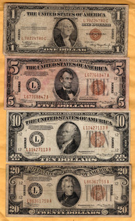 WW II era Hawaii issued $1 $5 $10 and $20 bills in nice circulated condition