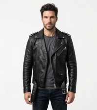 Chaqueta de motociclista de cuero genuino de piel de cordero para hombre Chaqueta negra con cinturón para motociclista