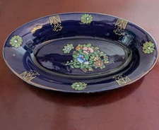 Vtg Colbalt Blue Floral Oval Japanese Trinket Dish Fine bone China Mid-Century