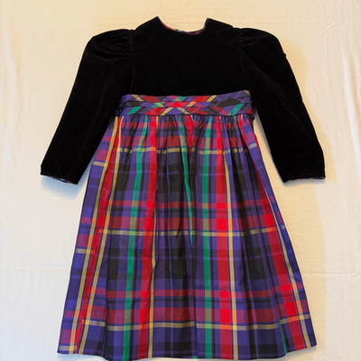Vintage Polly Flinders | Velvet & Plaid Holiday Dress | Gold Button Back | Girls