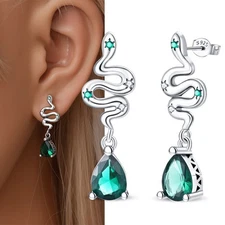 PANDACH Fashion Women 925 Sterling Silver Snake Stud Earrings with Green CZ Drop