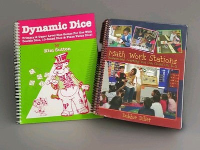 2 books DYNAMIC DICE  DICE GAMES  By Kim Sutton and Math Work Stations by Diller