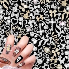 105 Pcs Silver Gold Nail Gems Charms, 3D Bows Star Nail Charms Silver Heart
