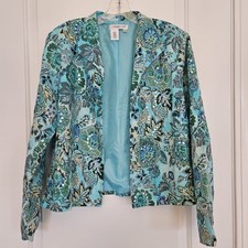 Coldwater Creek Colorful Tapestry Open Front Tropical Boho Blazer Jacket SZ Med