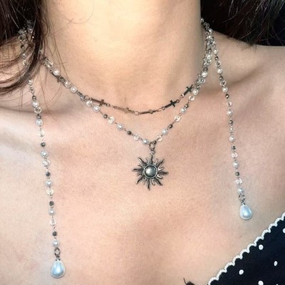  Sunflower pendant beaded necklace, Y2K personalized clavicle chain