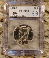 1992-D Kennedy Half Dollar MS68 ICG 50 Cent Coin Hutto Signed Rare Key Date