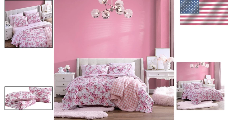 Elegante Juego de Edredón Reversible Floral Viñedo Rosa con Fundas a Juego - Queen Foto 2 de 4