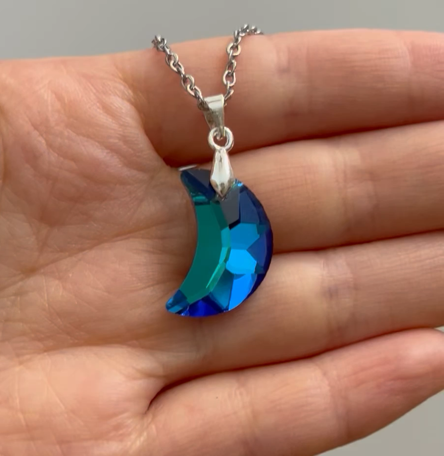 Women Necklace Made With Austrian Crystal Moon In Blue Bermuda | eBay