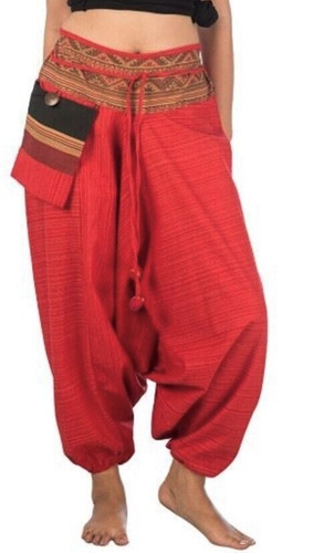 Mens / Womens Plain Red Thai Hmong Harem Cotton Pants Baggy Yoga Hippie Trousers