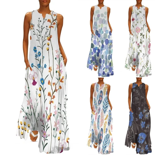 Womens Plus Size Cotton Sleeveless Long Maxi Dress Casual Loose Sundress - Picture 3 of 38