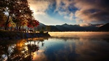 Landscape nature lake mountains water reflection mist Custom Gaming Mat Desk