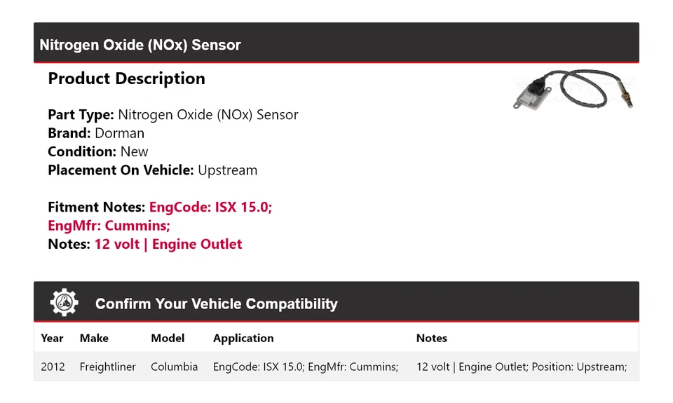Sensor de óxido de nitrógeno (NOx) aguas arriba Freightliner Columbia Dorman 2012 Foto 2 de 4