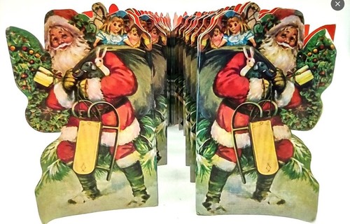 Vintage 70s Christmas Tabletop Garland Laminated Paper Old World Santa HUGE 90”