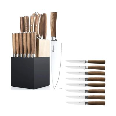 Natura Series 15 PCS Knife Block Set, and Steak Knife Set of 8, Ultra Sharp H...
