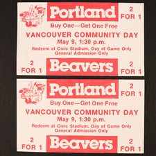 Portland Beavers Baseball VTG 2 For 1 Vancouver Community Day Ticket Triple A