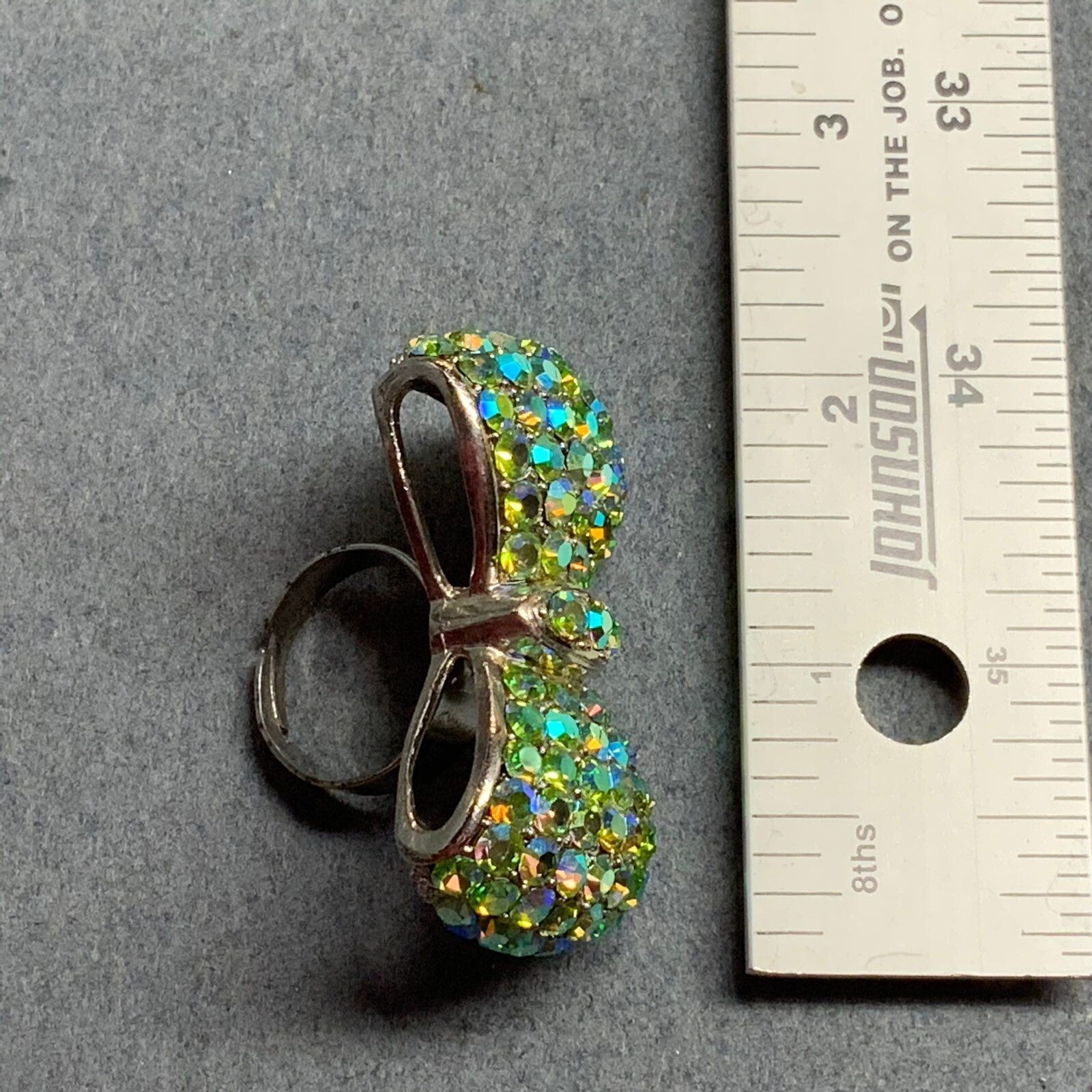 Rhinestone Bow Bling Ring Adjustable Lime Green S… - image 5