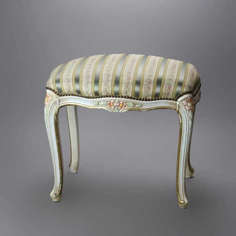 Banco Vintage Francés Estilo Luis XIV Policromado y Tapizado C1940 Foto 2 de 4