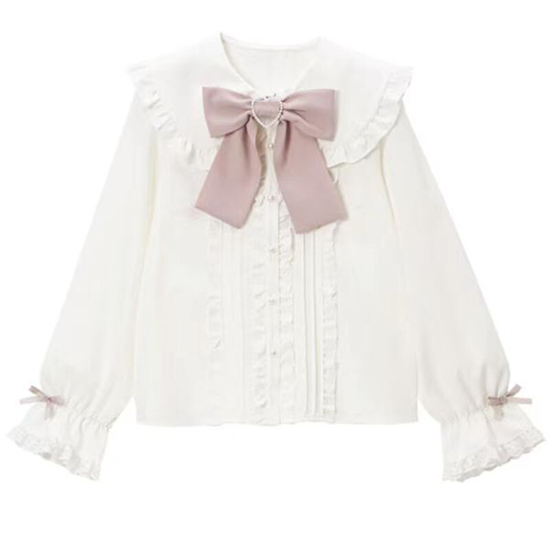 Japanese Cute Girls Doll Collar Blouses Shirts School Lolita Bow Ruffles Tops