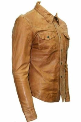 Herren Retro hellbraun 100 % Echtleder Hemd Vintage geknöpft Biker Jacke