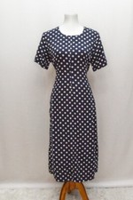 Vintage womens dress navy white polka dot midi M+ 80s