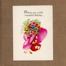 Unused Vintage HATTY Artis Birthday Card, Cute Koala Bear Flower Hat Umbrella