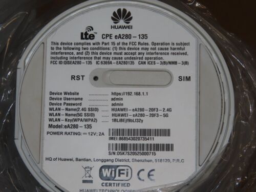 Locked Huawei CPE eA280-135 Wireless Router w/ adapter - Picture 2 of 3