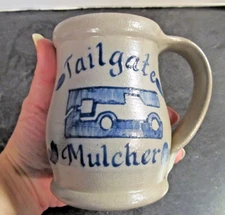 Vintage 2002 Rowe Pottery Works Blue Salt Glazed Stoneware Mug "Tailgate Mulcher