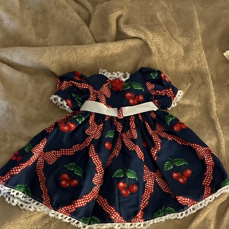Daisy Kingdom  Blue Cherry Print White Ribbon Bow Lace Trim ll Doll Dress 