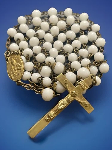Vintage Catholic White Milk Glass Rosary, Gold Tone Crucifix