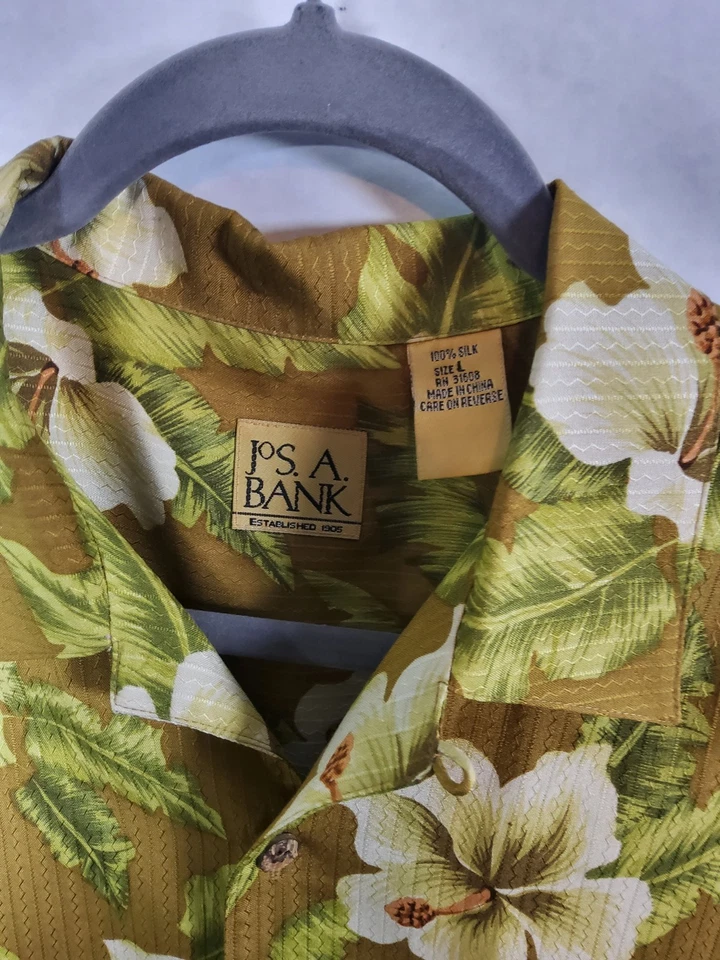 Camisa Hawaiana Jos.A.Bank 100% Seda Marrón/Verde Diseño Floral Talla Grande Corta Foto 2 de 4