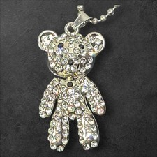 Silver Tone Crystal Rhinestone Teddy Bear Pendant Necklace 18"