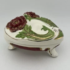 Vintage Ceramic Footed Trinket Dish with Lid Pink Green Roses Floral Heart