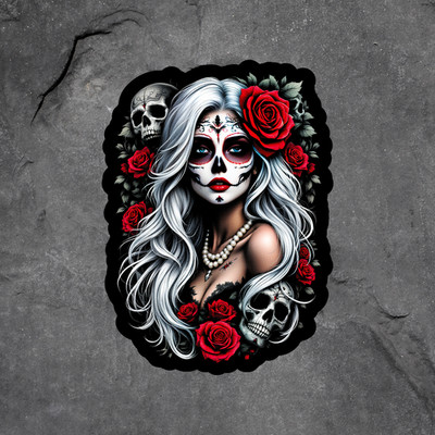 Sugar Skull sticker vinyl decal day of the dead woman roses gothic skeleton 6''