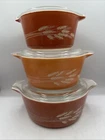 Set Of 3 Vintage Pyrex Autumn Harvest Wheat Casserole Dish With Lids Orange