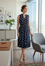 Anne Klein Ginkgo Leaf Floral Midi Sleeveless Dress Black Multi Sz 8