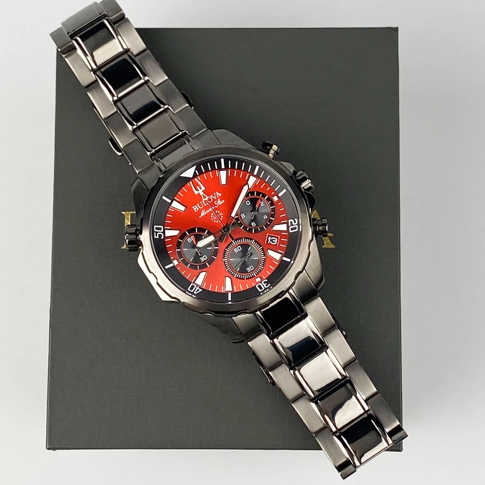Bulova Marine Star Reloj Hombre Cronógrafo Cuarzo Esfera Roja 98B350 43mm Foto 3 de 4