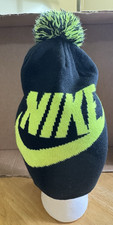 NIKE Youth Black/Neon Green Swoosh Logo Pom-Pom Knit Beanie Hat SZ OS
