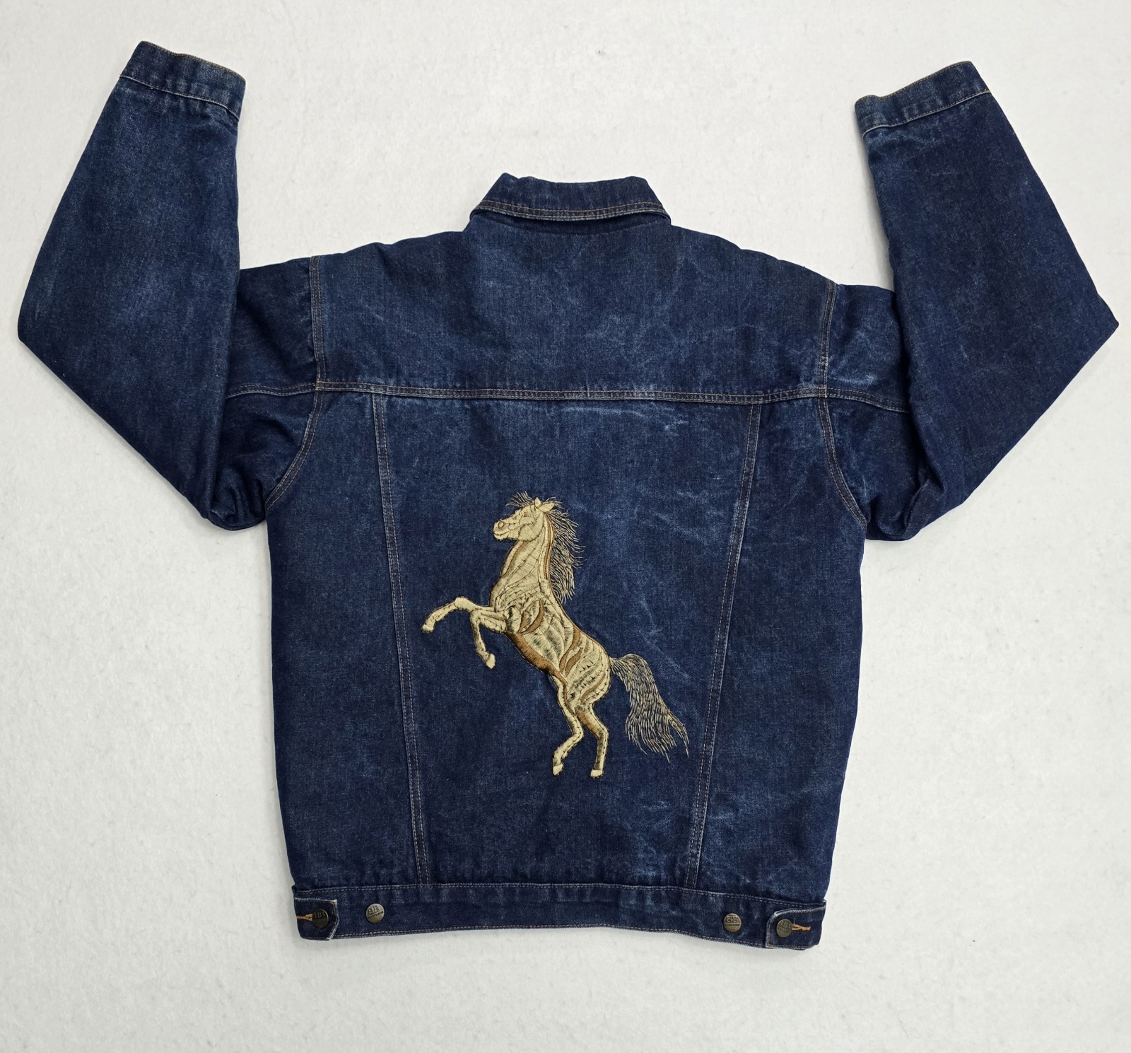 Black Blue - Western Denim Jacket Sherpa Lined  Embroidered Horse Mens Medium