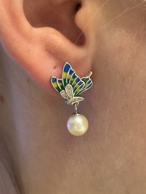 Enamiled Butterfly Pearl Earrings W/repurposed Mikimoto 6.2mm Pearls
