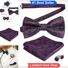 Mens Bow Tie Set Pocket Square Cufflinks Paisley Pattern Pre Tied