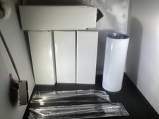 4 Plain White Tumblers & 2 Sets Of Metal Straws Ready For The Hot Press Machine