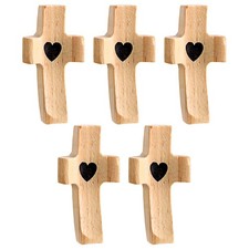 5 Pack Wooden Cross Set with Heart Design Religious Pocket Crosses Baptism Gift