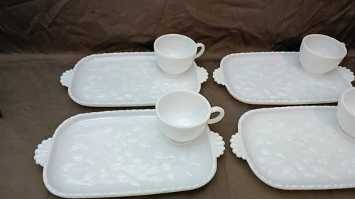 Vintage 1930’s Hazel Atlas Dogwood Pattern Milk Glass Snack Sets Serves 4