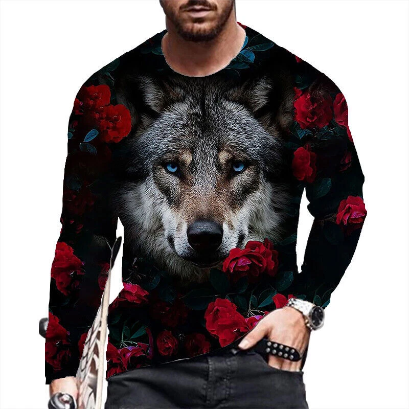 T-Shirt Men Long Sleeve Wolf Flower Graphic Tee Black Activewear Fashion T Shirt
