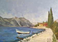 Original oil on canvas painting Italian landscape Lake Garda in Spring –  16x28"